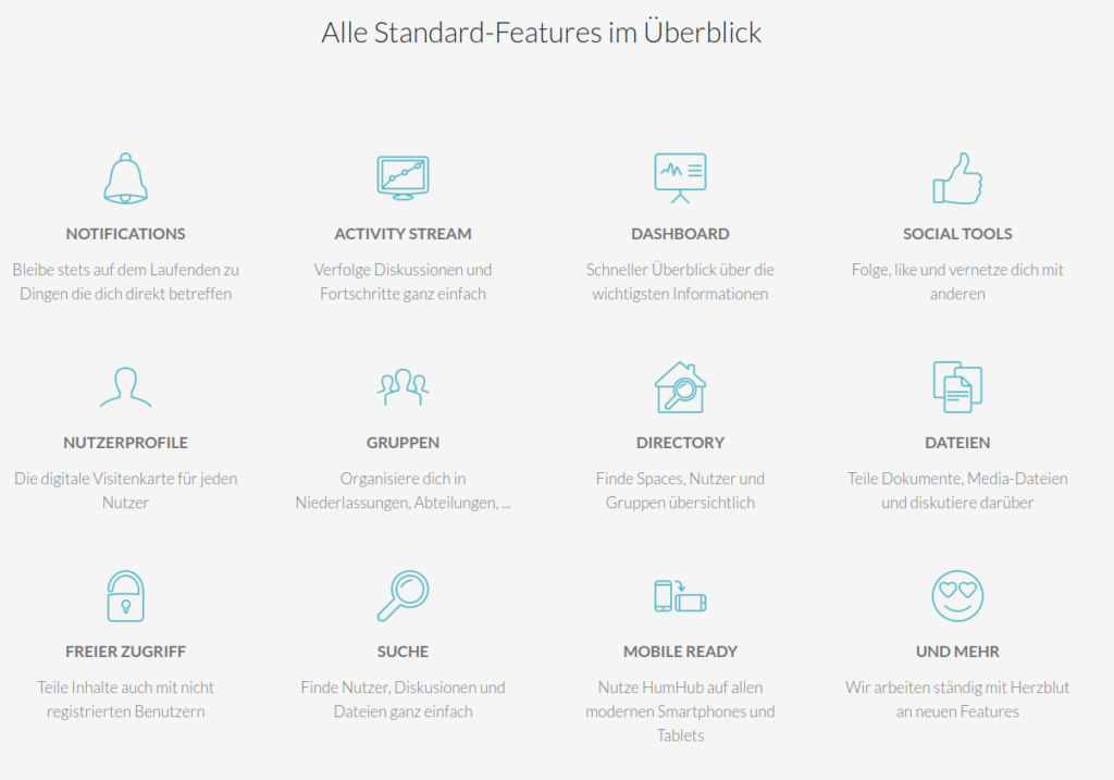 Screenshot der HumHub Internetseite mit Ausschnitt der Standard-Funktionen