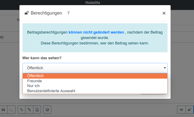 Screenshot eines Dialogs beim Teilen eines Beitrags auf Hubzilla