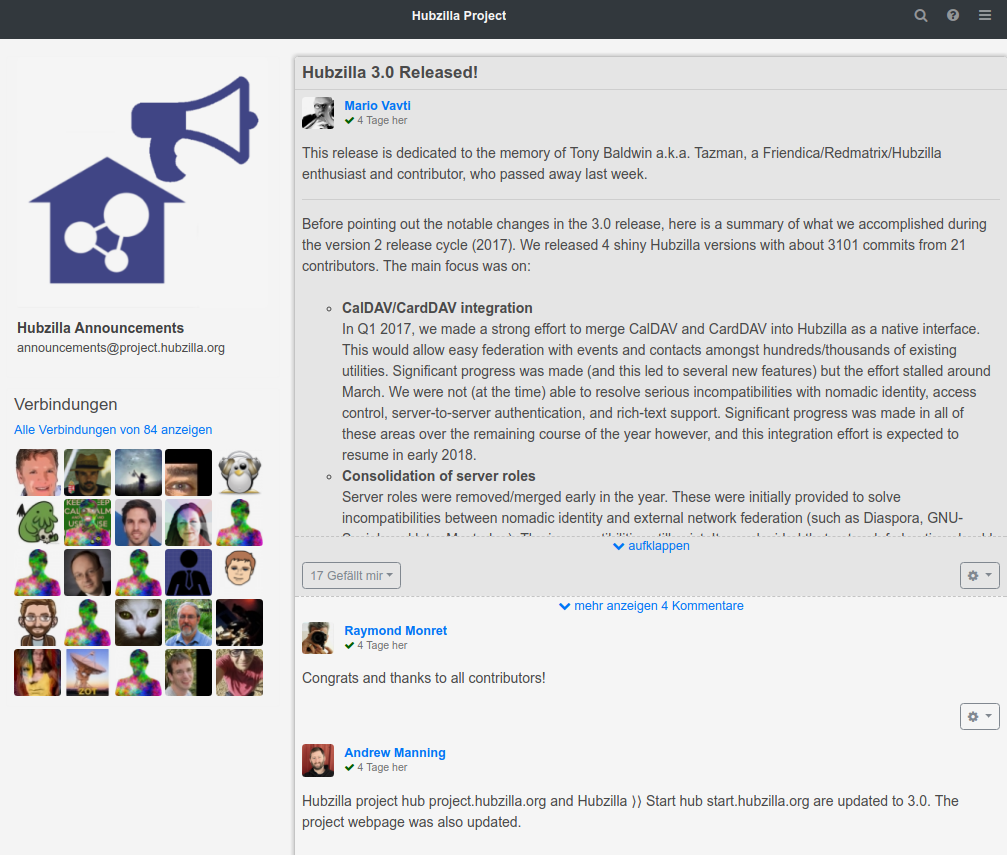 Screenshot der Hubzilla-Ankündigungs-Seite
