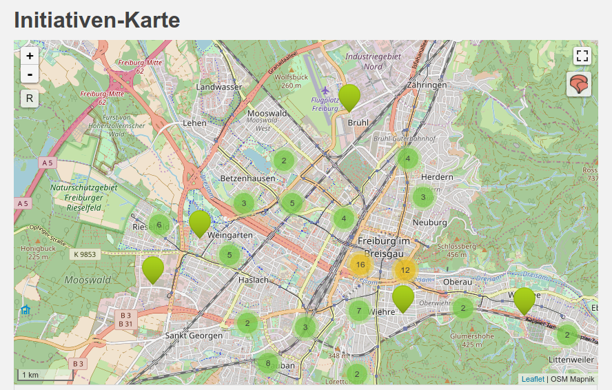 Screenshot einer Karte von Initiativen in Freiburg